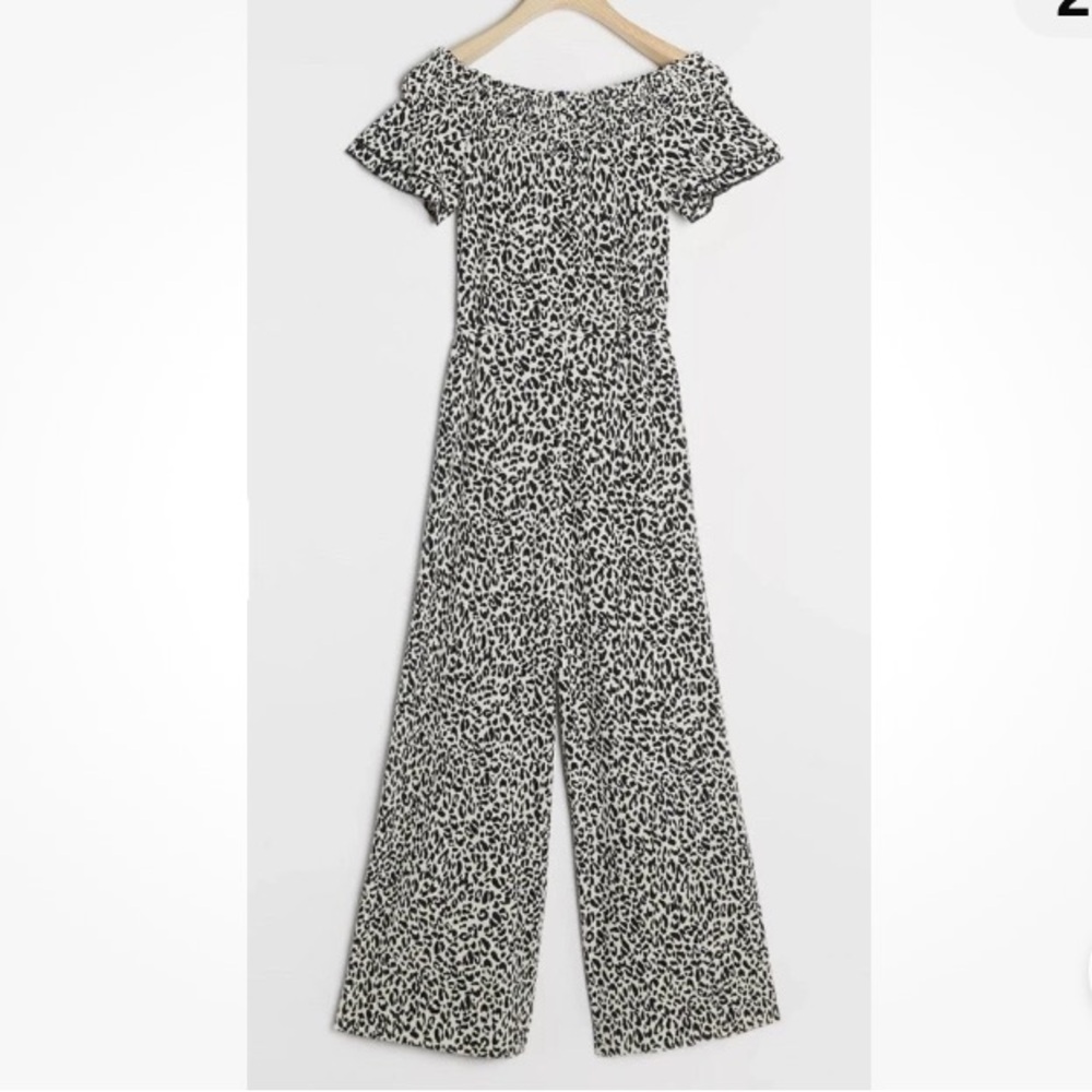 Anthropologie Kyra leopard print wide leg ribbed off shoulder Jumpsuit small NWT